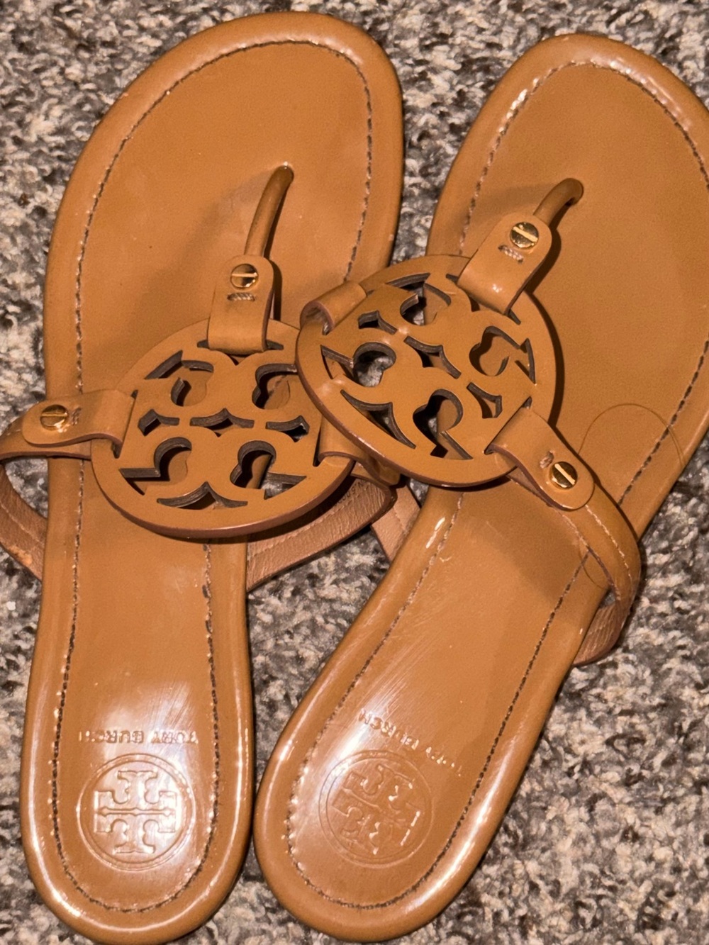 Tory Burch Cognac Leather Logo Thong Sandals